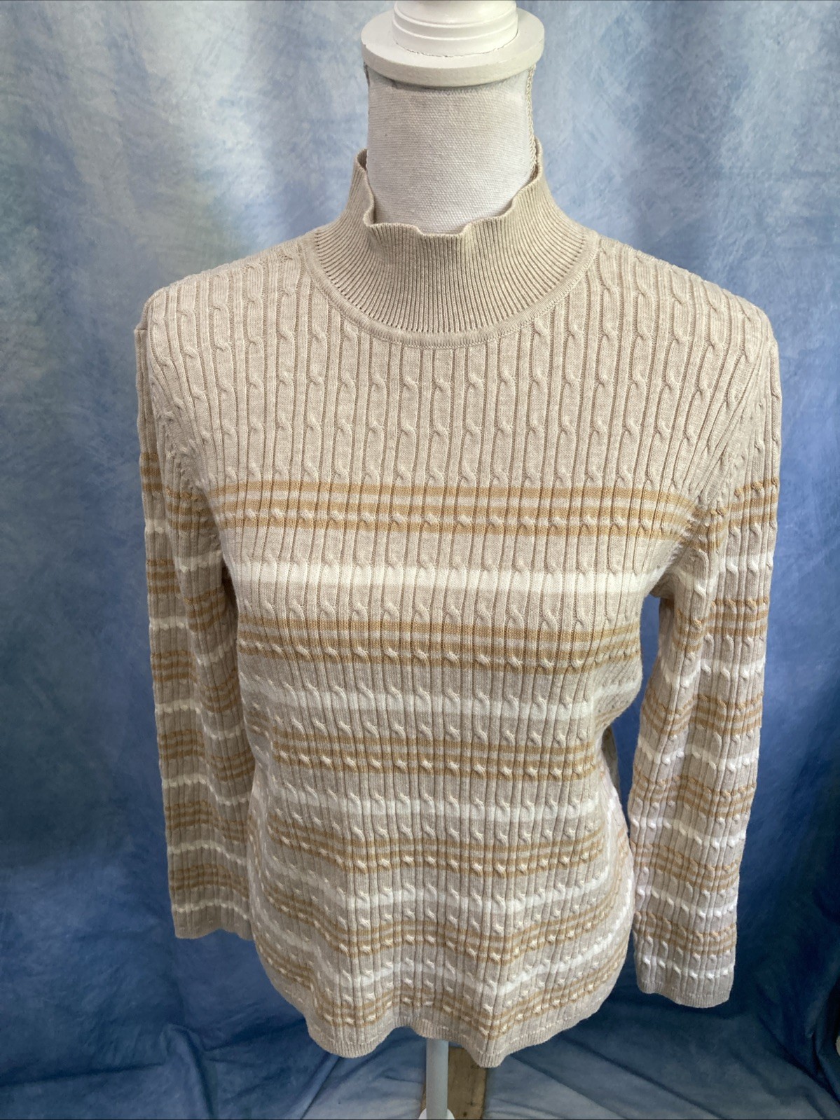 Vtg 90s Classic Elements Striped Cable Knit Sweater Mock Neck Top Beige Grunge L