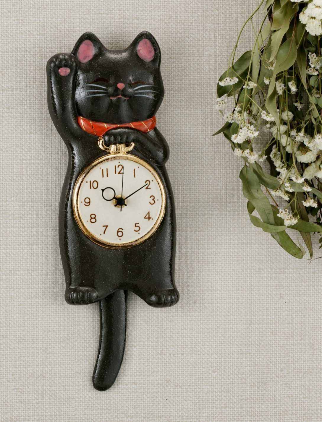 Japanese Black Lucky Cat  Manekineko Wall Pendulum Clock Pottery Seto ware Gift