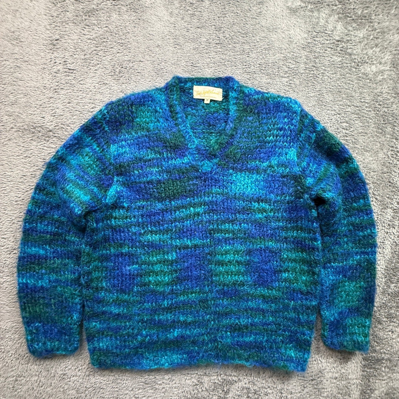 Saks Fifth Avenue Sweater Womens M Blue Green Excellent Vintage Mohair Wool Blnd