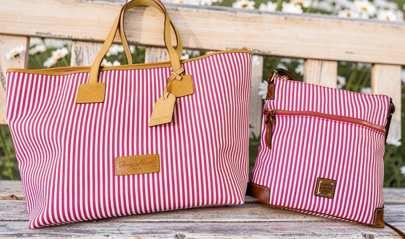 Dooney Bourke Bundle Set Seaview Fuchsia Pink Stripes Large Tote & Crossbody Bag