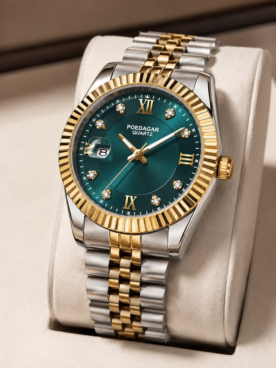 POEDAGAR Men’s Luxury Quartz Watch Green Dial Two Tone Stainless Steel New