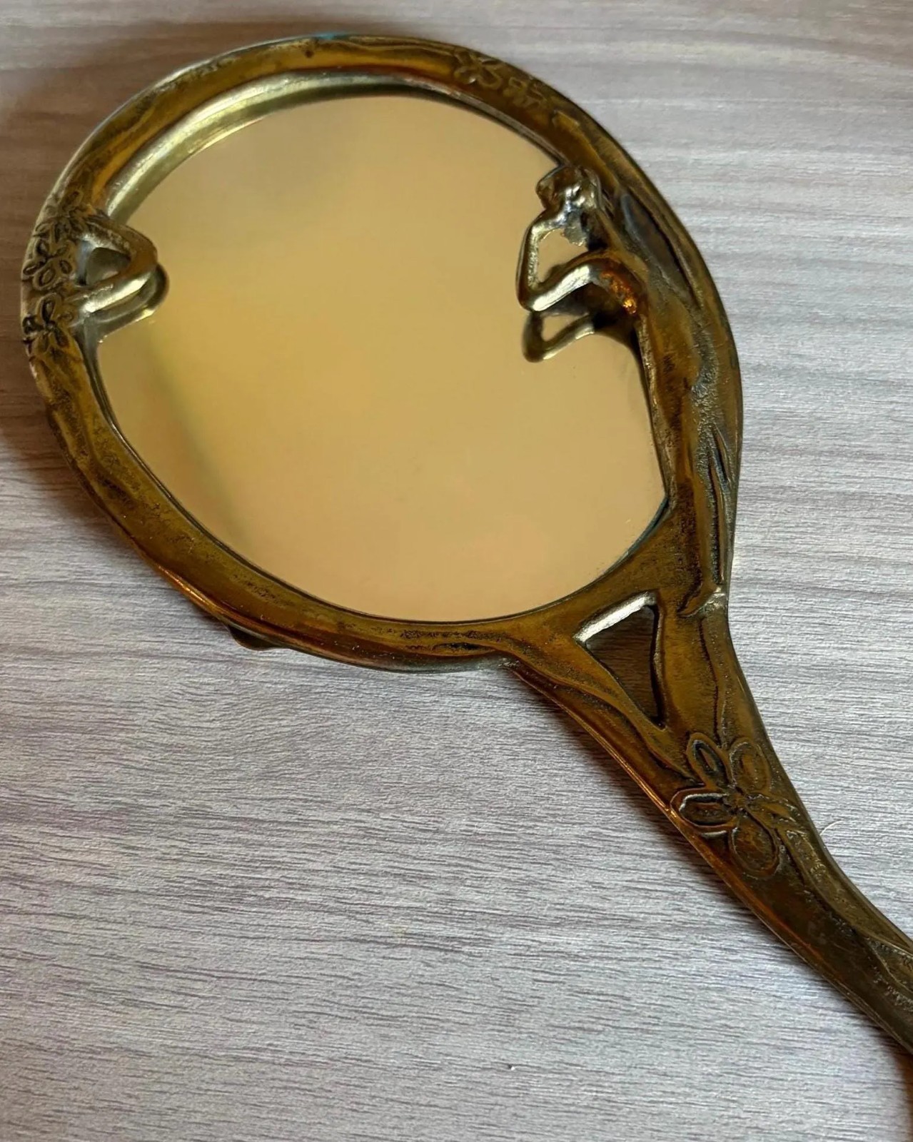 Art Nouveau Brass Hand Mirror Liberty Style Woman Motif. Vintage Italian Vanity Art Nouveau Brass Hand Mirror Liberty Style Woman Motif. Vintage Italian Vanity