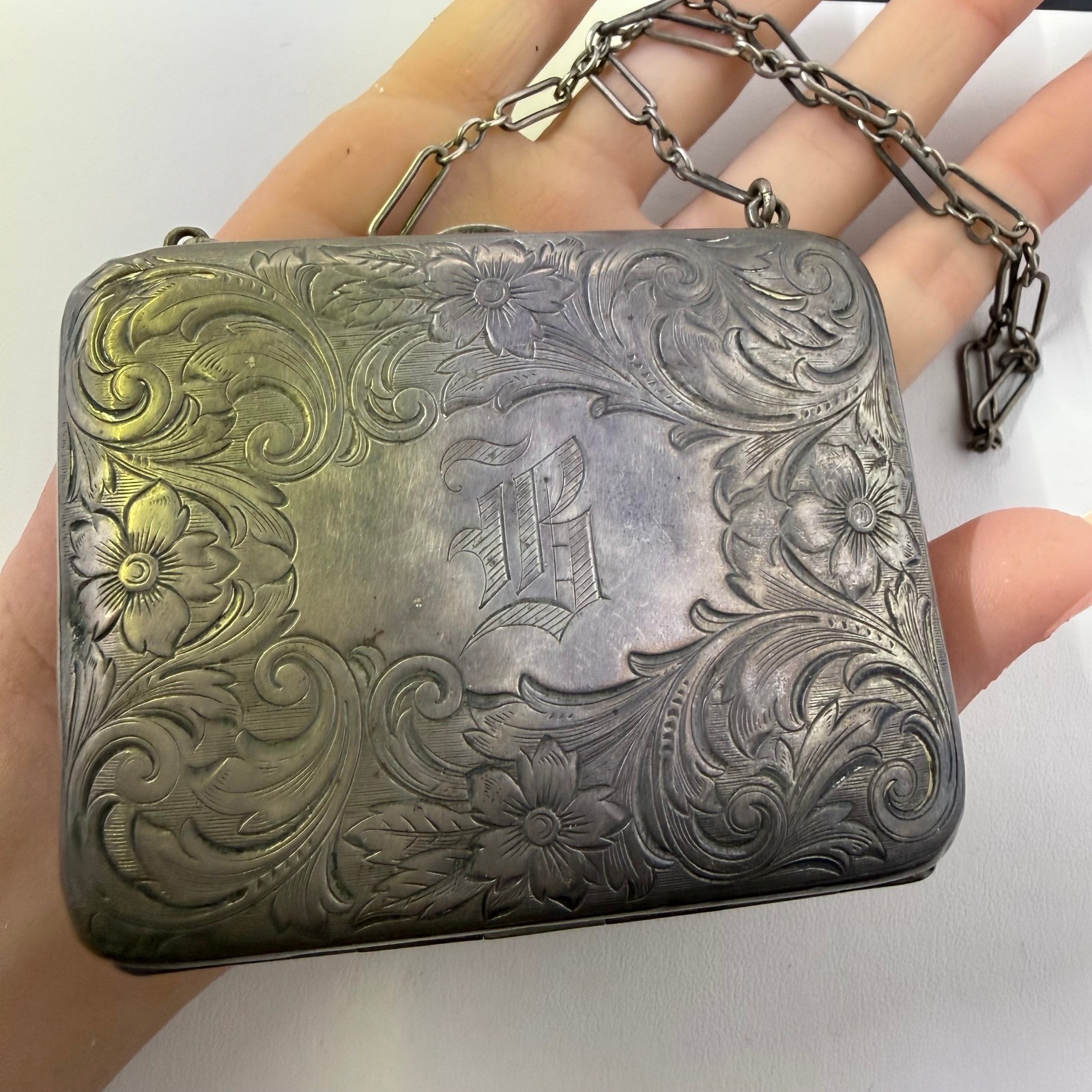 Antique Victorian Signed Sterling Silver Repousse Chatelaine Purse Dance Card