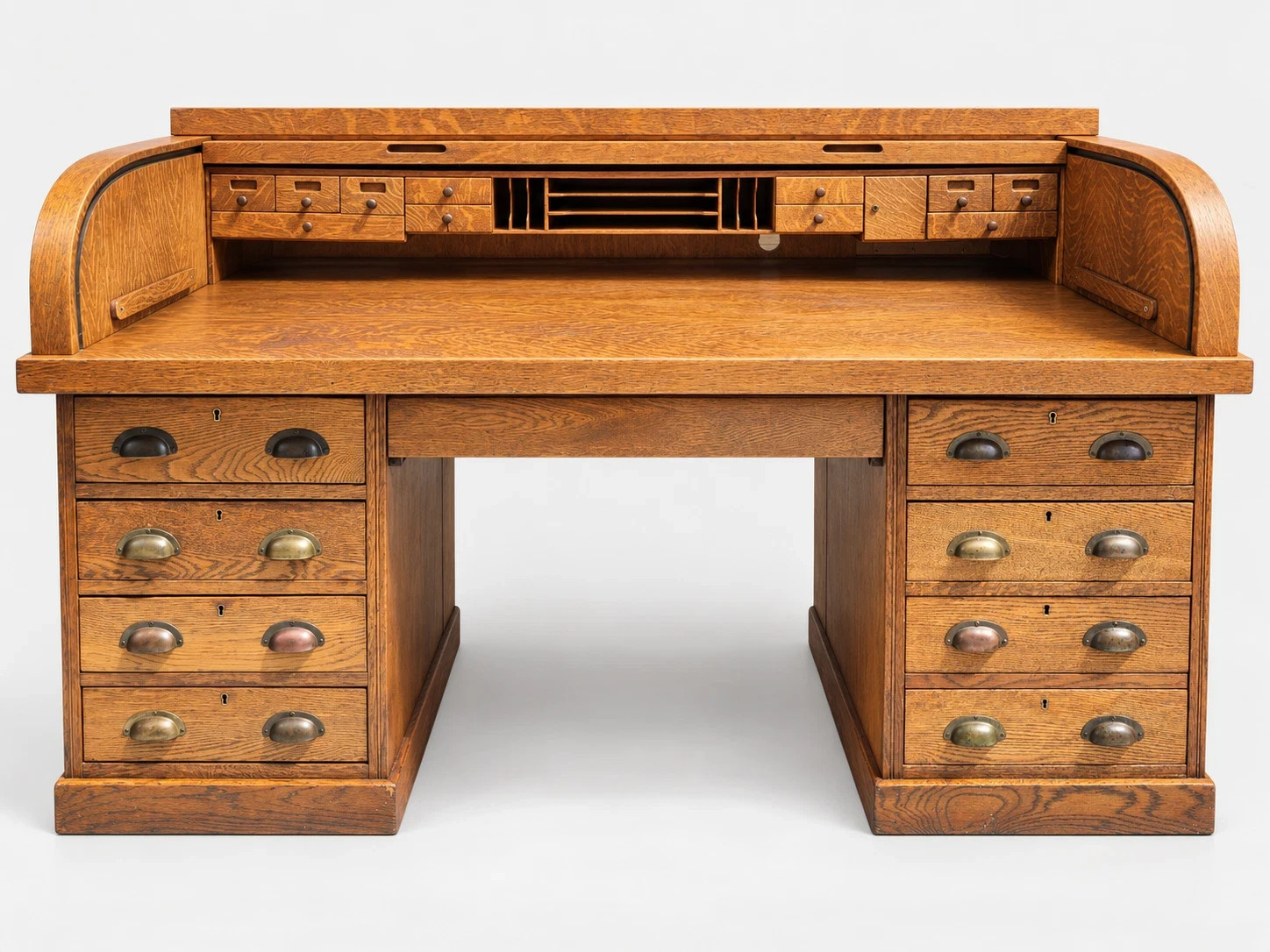 Large Antique Tiger Oak Roll Top Desk Executive Office Tambour Golden Brown Home