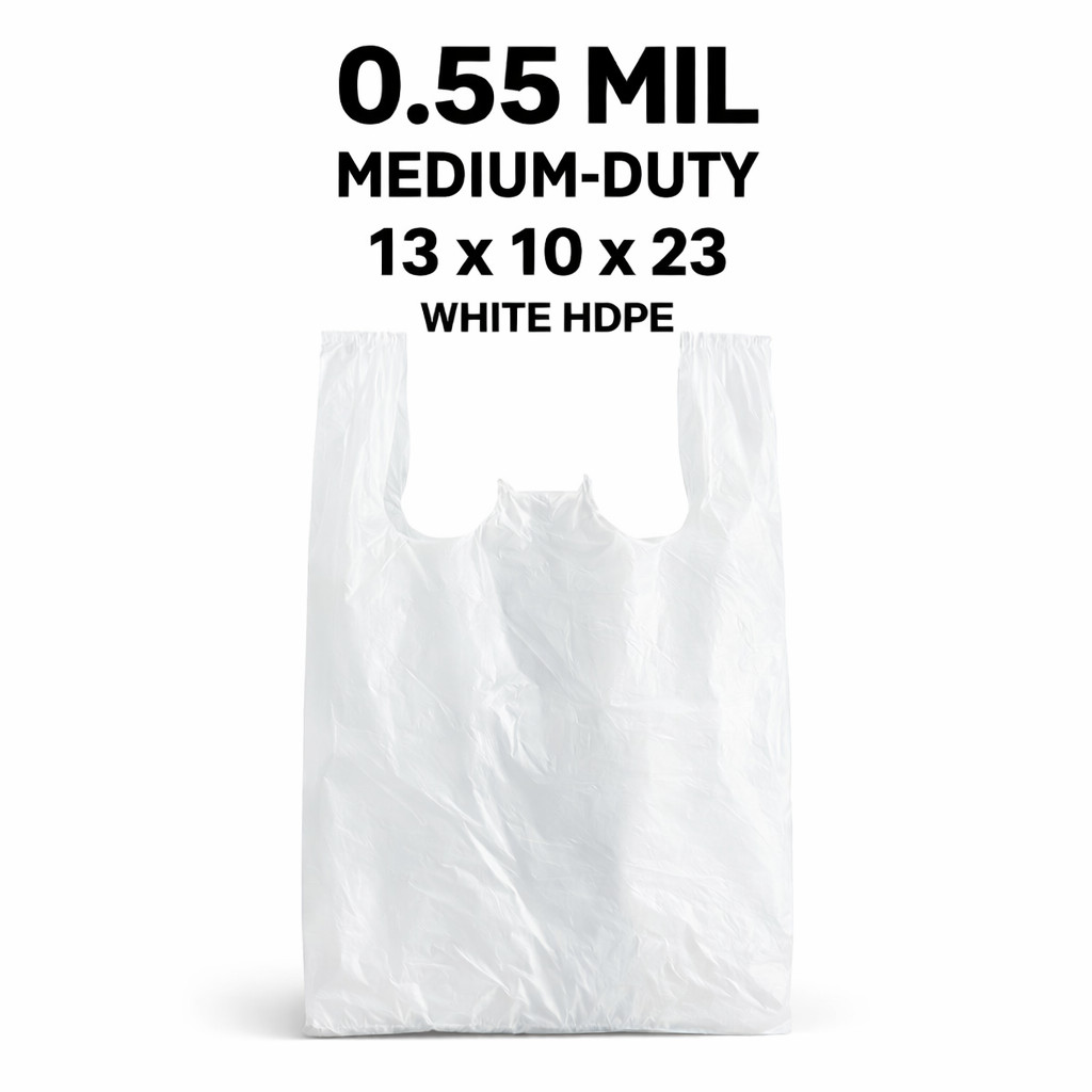 White Plastic T-Shirt Shopping Bags 13x10x23 0.55 Mil HDPE Grocery Retail Bulk