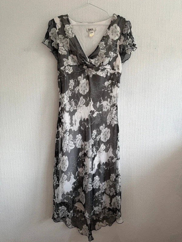 Vintage D.B.Y Floral Chiffon Midi Dress Monochrome Black White Wedding Guest Y2K Vintage D.B.Y Floral Chiffon Midi Dress Monochrome Black White Wedding Guest Y2K