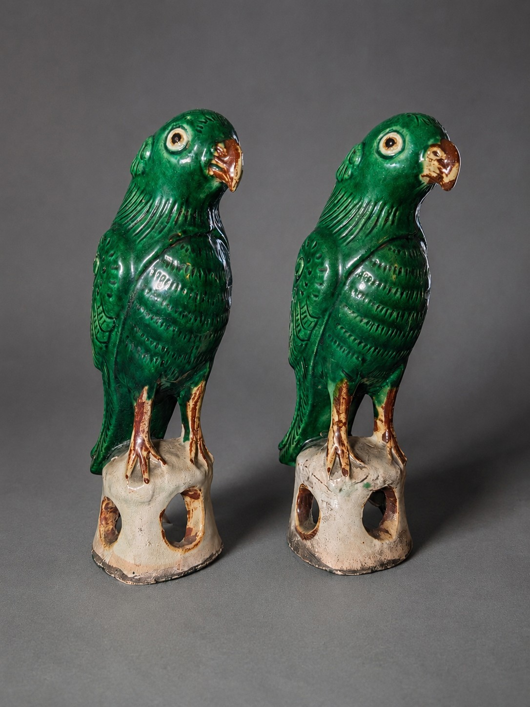 Antique Chinese Export Sancai Glazed Porcelain Parrot Figurines Pair Rare