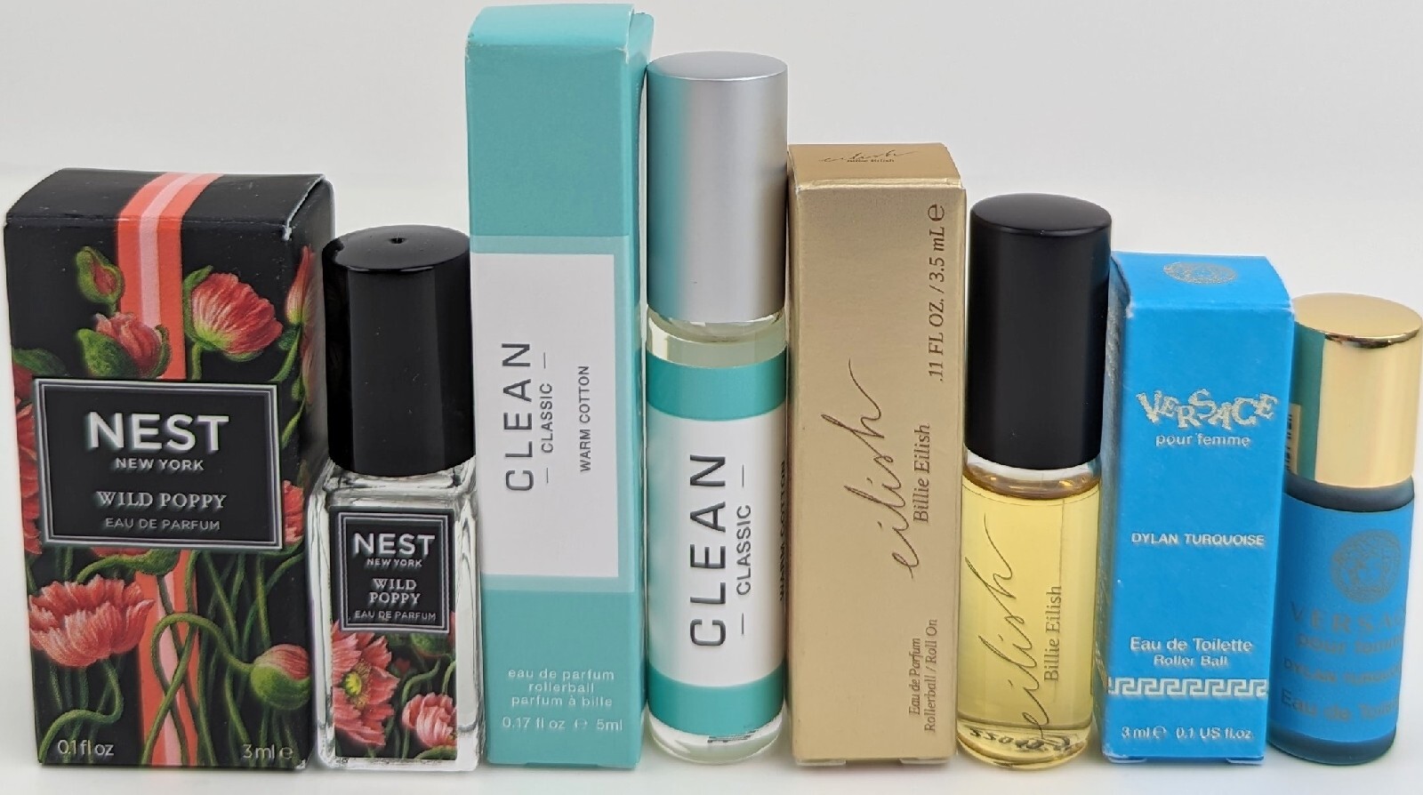 Designer Perfume Travel Rollerball 4pc. Lot: Nest, Clean, Billie Eilish, Versace Designer Perfume Travel Rollerball 4pc. Lot: Nest, Clean, Billie Eilish, Versace