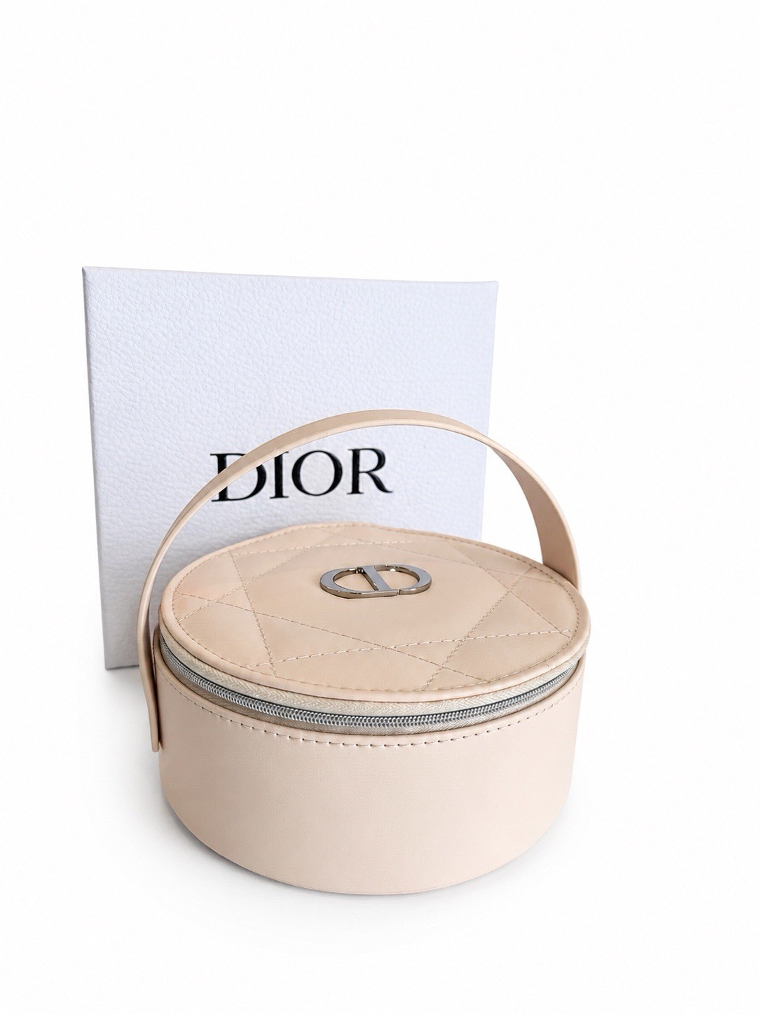Dior Beige Quilted Round Makeup Case Zip Closure with Mirror & Handle