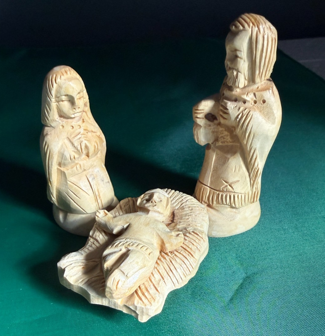 Hand Carved Wood 3 Piece Holy Family Nativity Vintage Christmas Set Hand Carved Wood 3 Piece Holy Family Nativity Vintage Christmas Set
