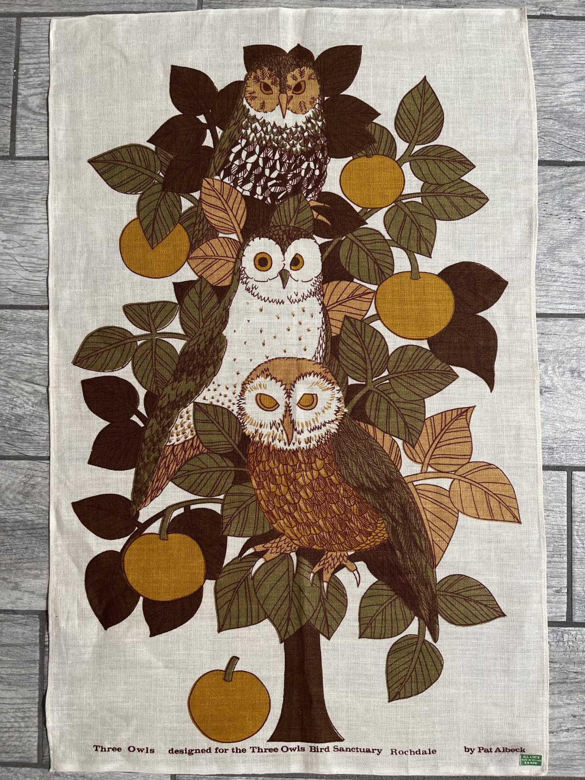 Vtg Pat Albeck Three Owls Bird Sanctuary Irish Linen Tea Towel / NOS Sticker Vtg Pat Albeck Three Owls Bird Sanctuary Irish Linen Tea Towel / NOS Sticker