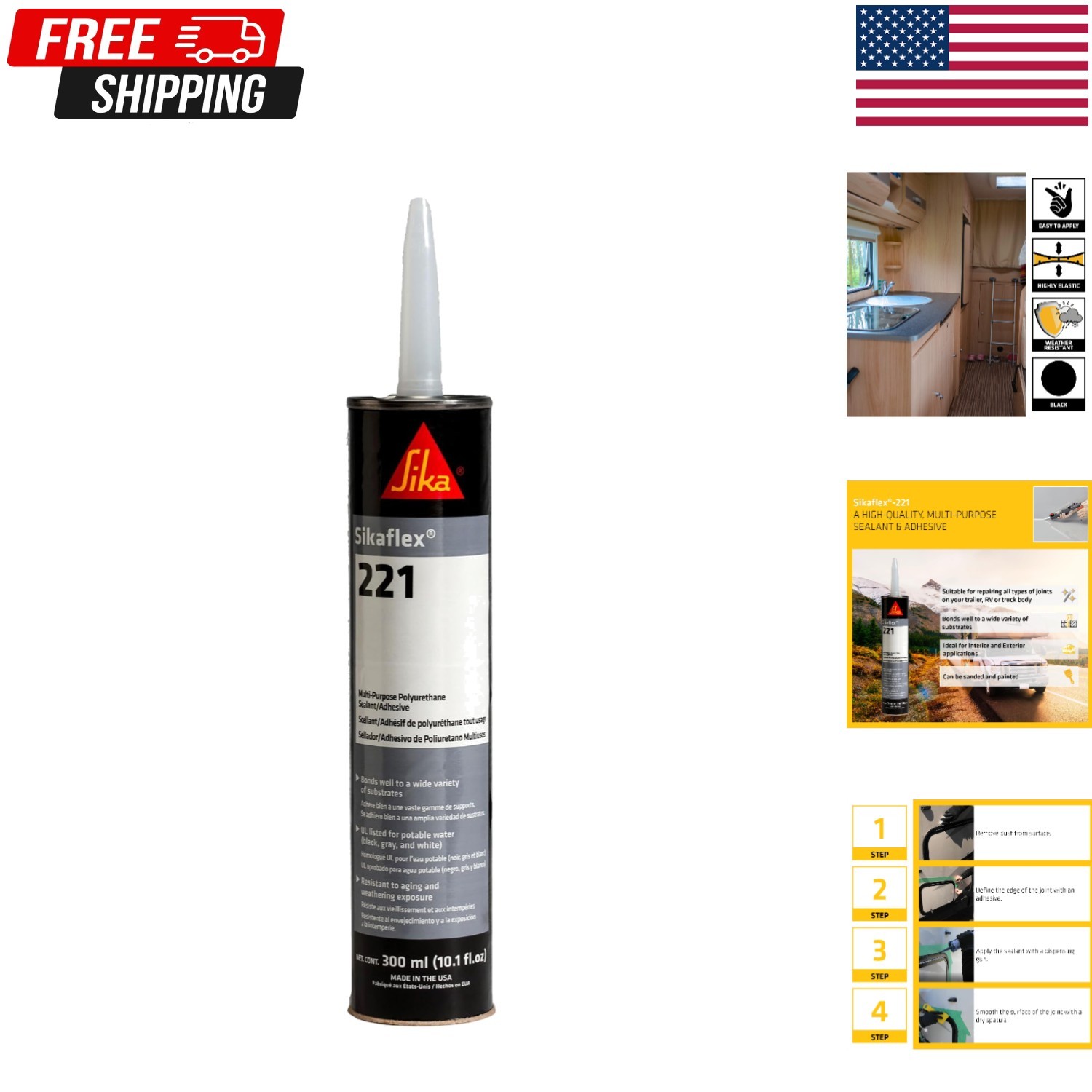 Sikaflex-221 Multi-Purpose Polyurethane Sealant/Adhesive, 10.1 fl oz, Black –...