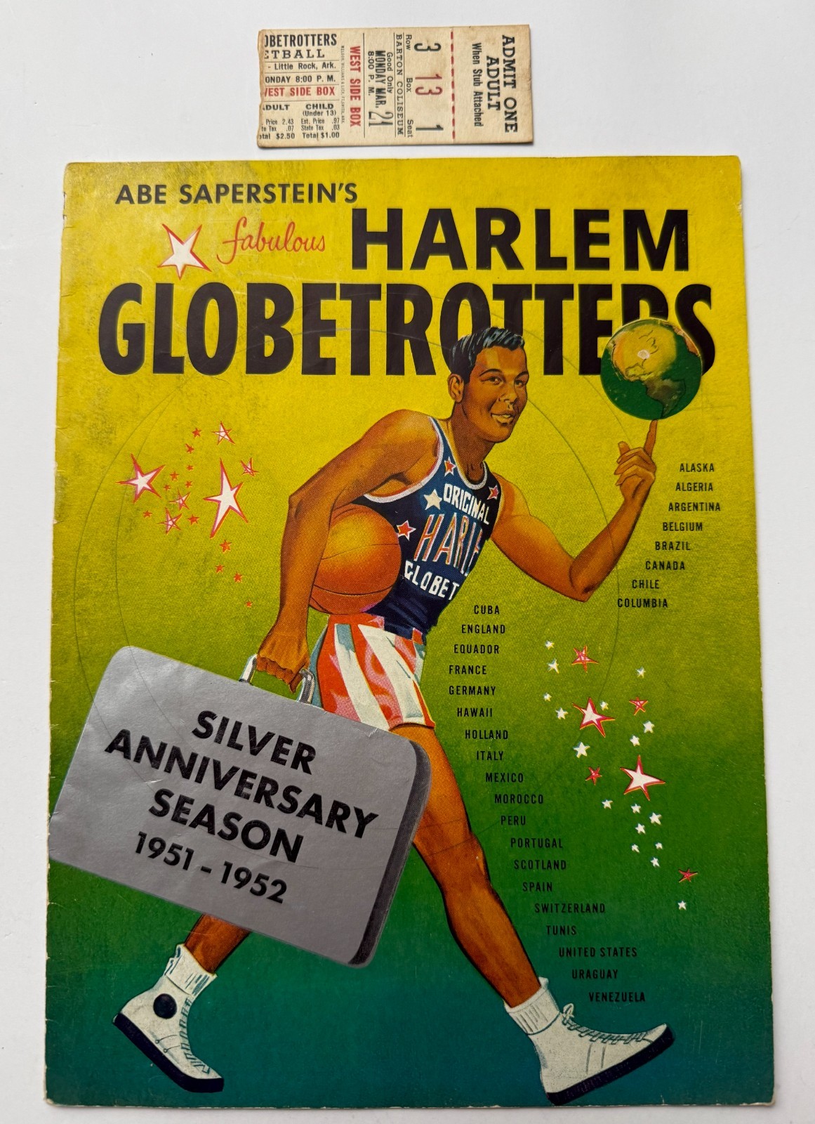 1951 Harlem Globetrotters Program SIGNED by GOOSE TATUM w/TICKET STUB