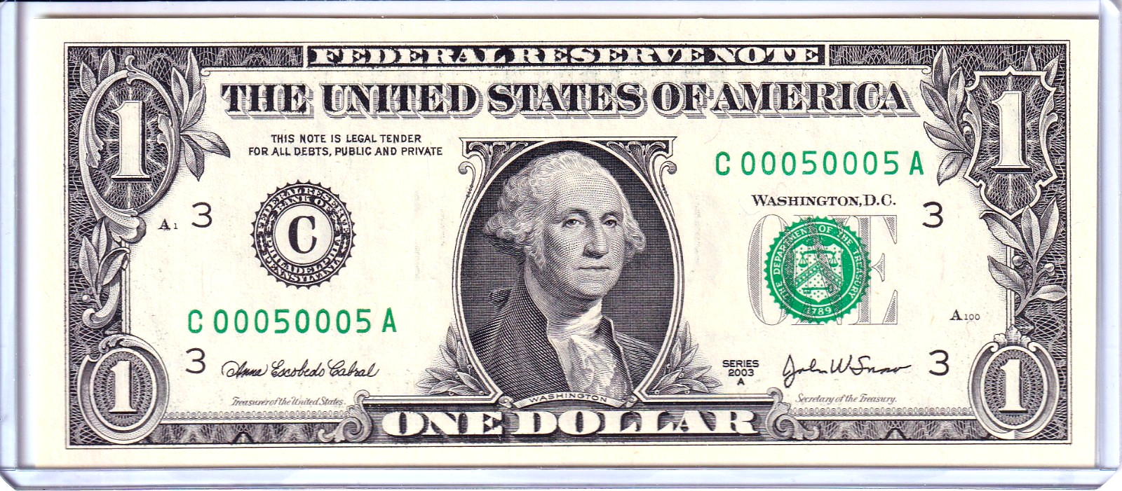2003-A $1 FRN Uncirculated Fancy 0/5 BINARY Near Solid Serial #C00050005A 2003-A $1 FRN Uncirculated Fancy 0/5 BINARY Near Solid Serial #C00050005A
