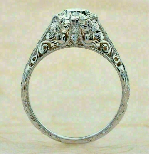 2.5Ct Art Deco Vintage Antique Flower Filigree Round Cut Lab-Grown Diamond Ring