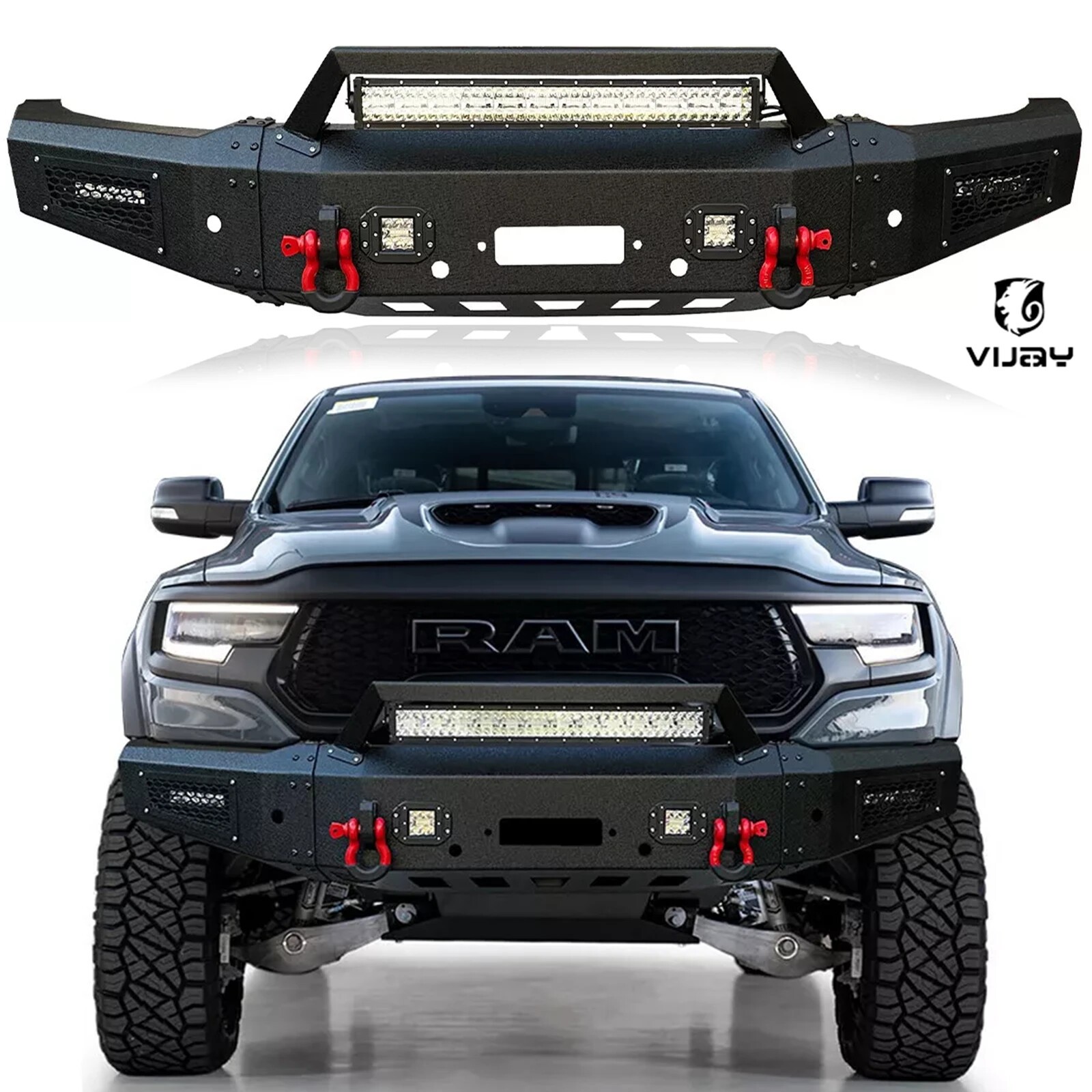 Vijay For 2021-2023 Ram 1500 TRX Steel Front Bumper W/Winch Plate &LED Lights Vijay For 2021-2023 Ram 1500 TRX Steel Front Bumper W/Winch Plate &LED Lights