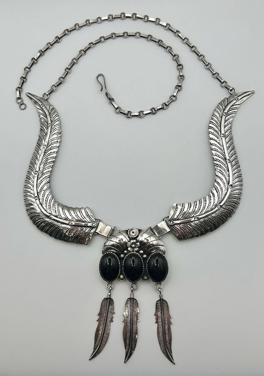 RARE Vintage Navajo Black Onyx & 925 Sterling Silver Feather Statement Necklace