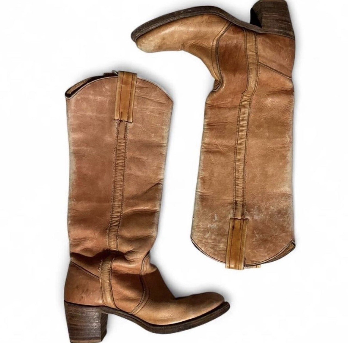 Frye Women’s Brown Leather Knee-High Riding Boots Round Toe Pull-On Tab Frye Women’s Brown Leather Knee-High Riding Boots Round Toe Pull-On Tab