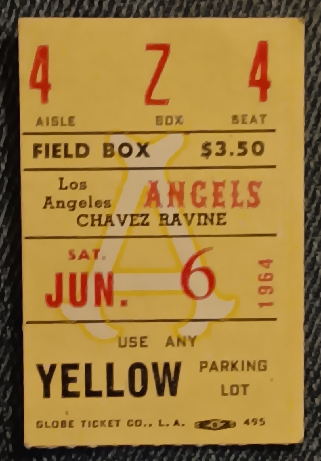 1964 Los Angeles Angels Chavez Ravine Ticket Stub w/ Rain Check Field Box EX/NM