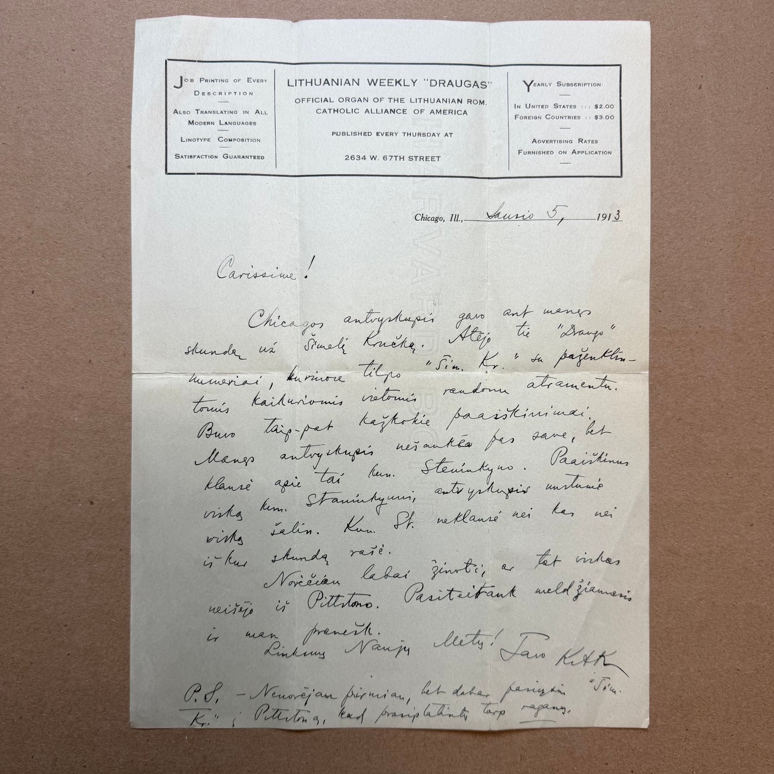 1913 Lithuanian Weekly Draugas Letterhead Chicago Catholic Alliance Historical