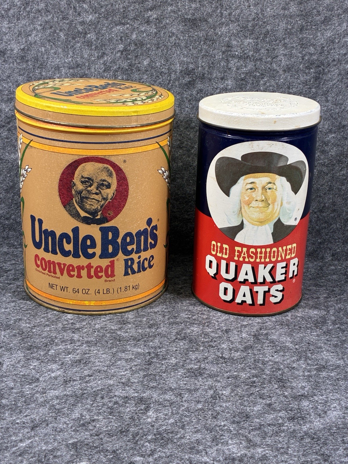 Vintage 1980s Advertising Tin Lot Uncle Ben’s Rice 1985 Quaker Oats 1982 Decor