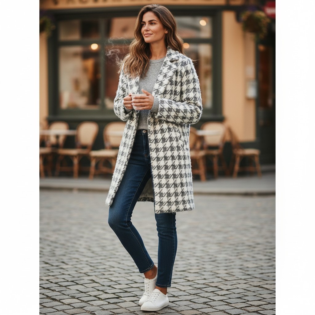 Melloday Women\'s SMALL Gray-Black White Houndstooth Eyelash Knit Cardigan Coat