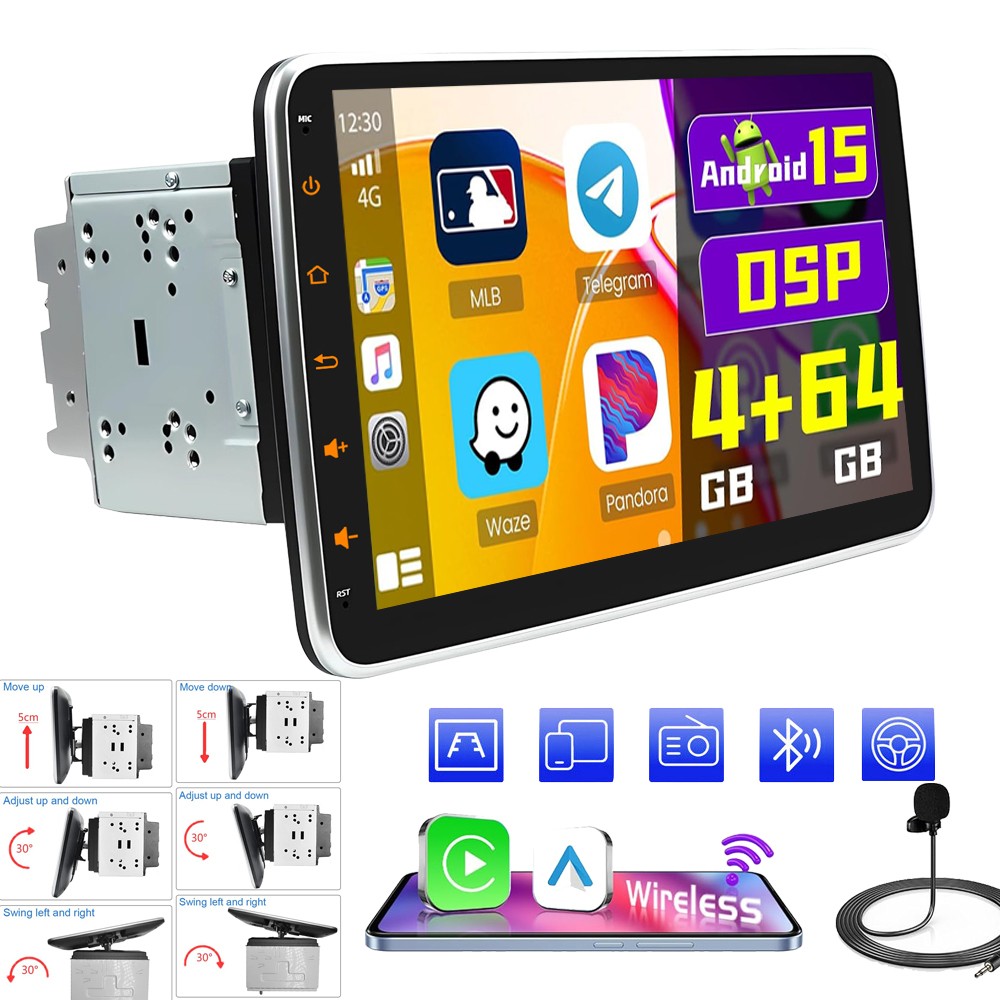 64G Android 15 Double 2DIN Rotatable 10.1'' Car Stereo Radio Carplay GPS Wifi US