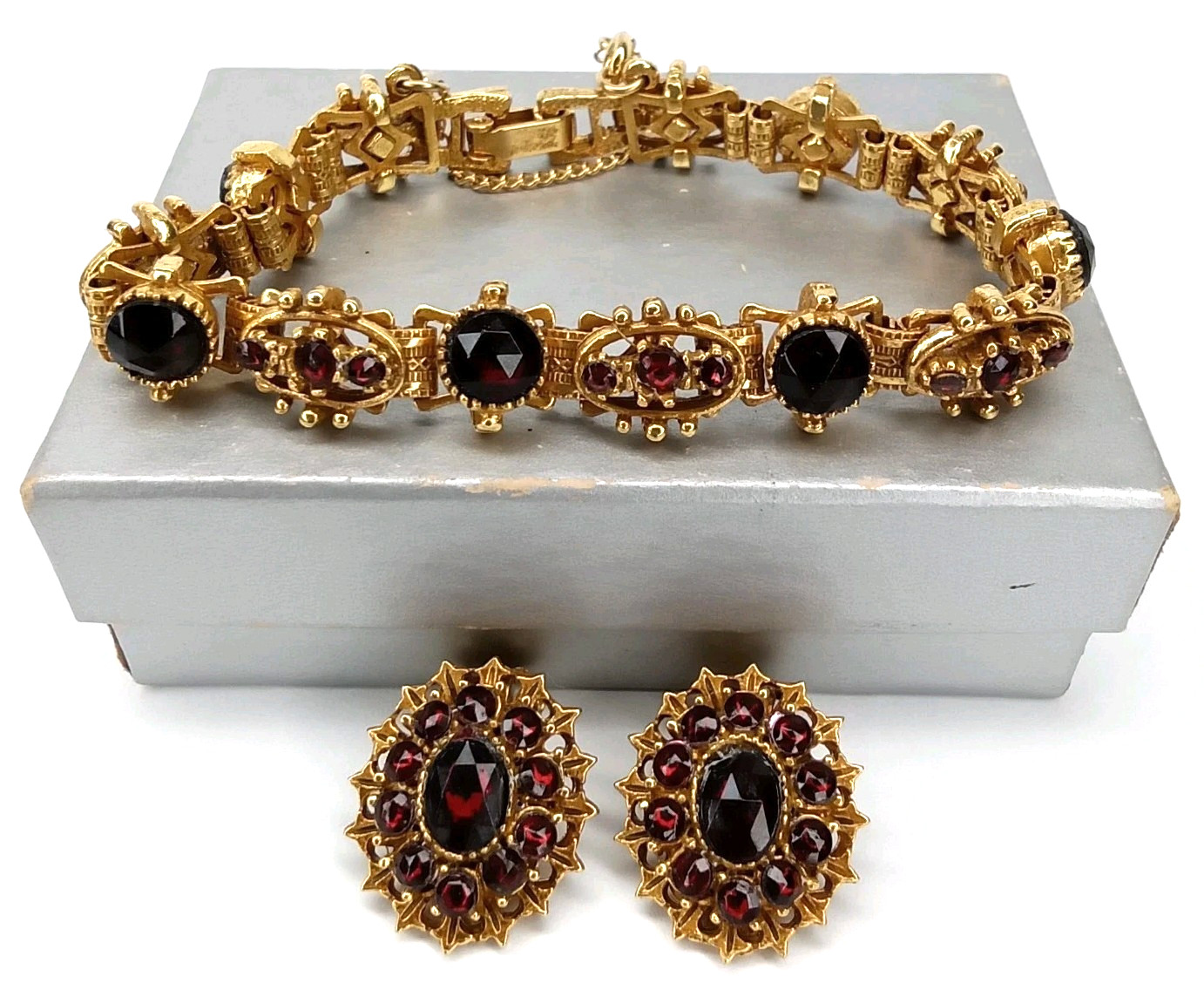 Arthur Pepper Bracelet & Earrings With Red Rhinestones Vintage 1960s Signed
