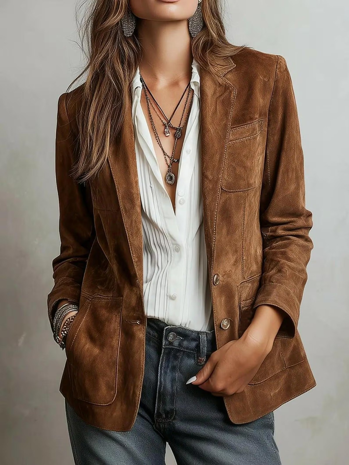 Women\'s Brown Suede Leather Blazer Jacket Real Suede Smart Casual Office Coat