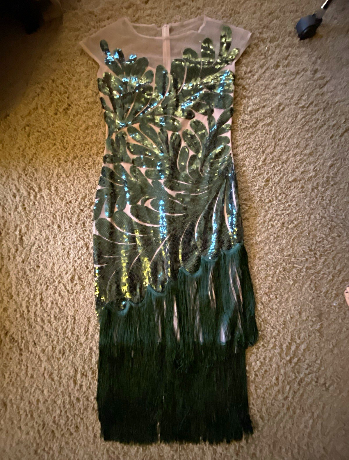 BABEYOND Green Sequin Fringe Mesh Sheath Midi Dress Zip Size 10 20s