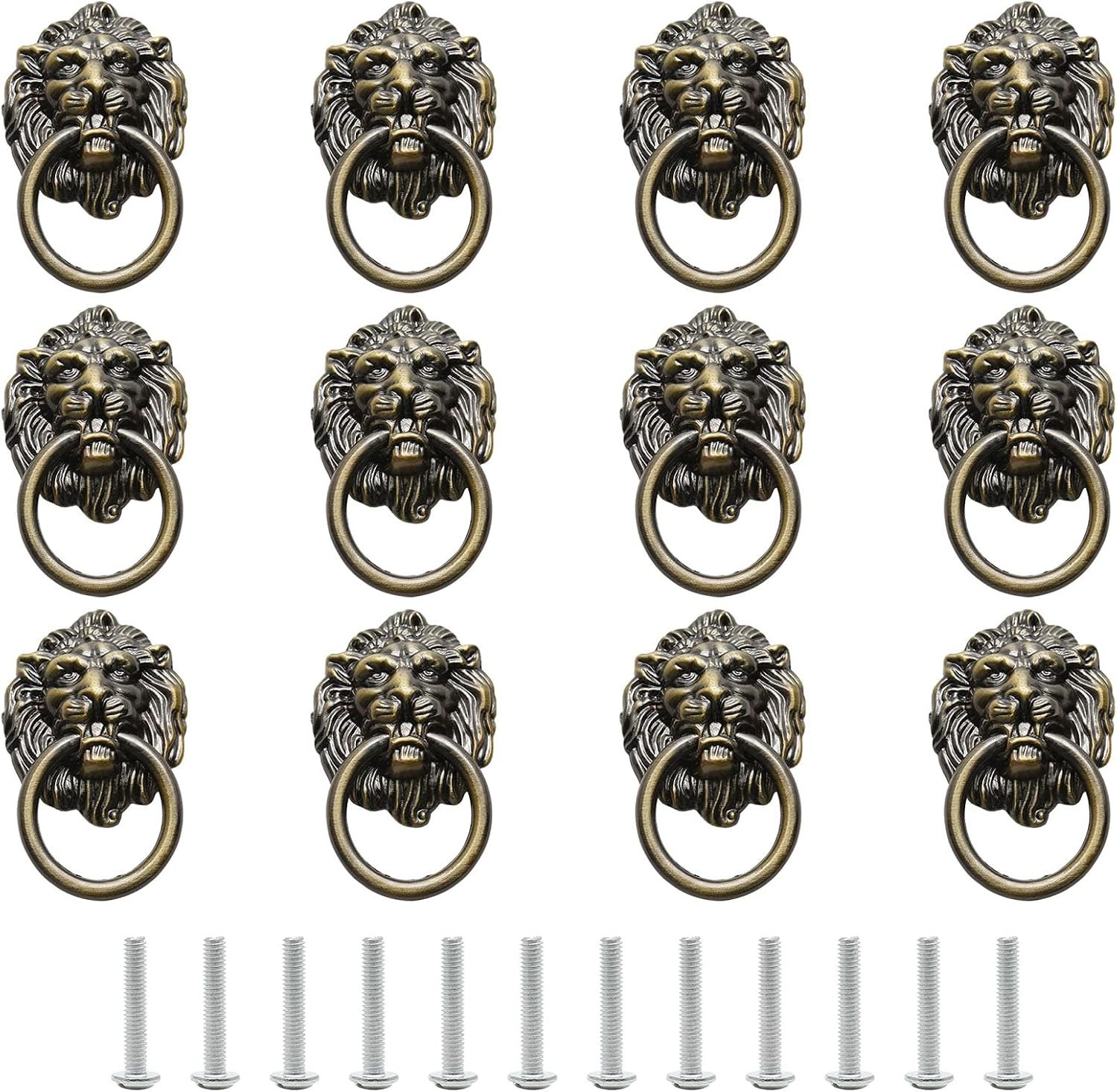 12 Pieces Antique Lion Head Cabinet Knobs, Ring Pulls Handle for Drawer Dresser