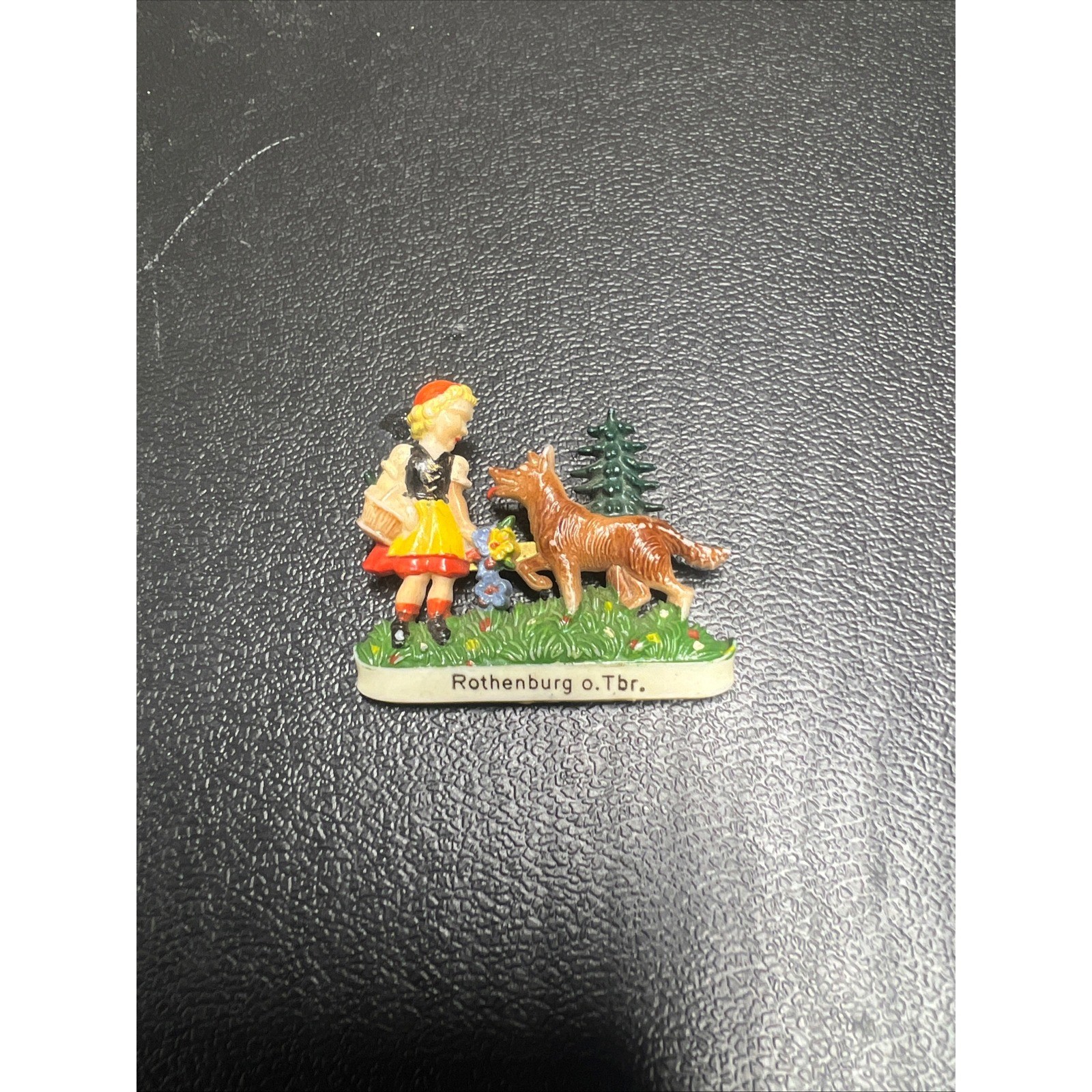 Vintage Rothenburg o. Tbr. German Celluloid Brooch Girl Dog Souvenir Pin
