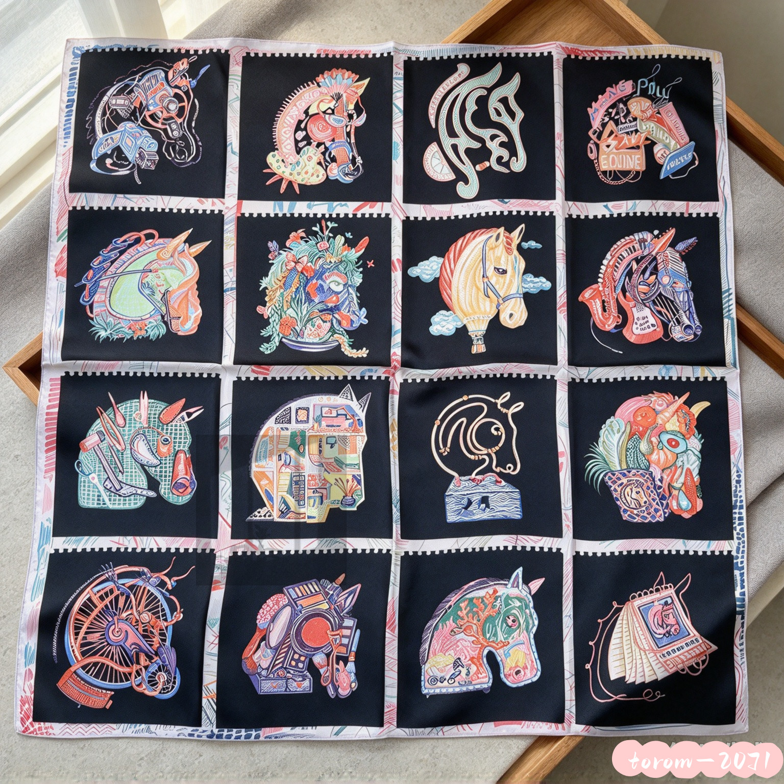Hermès Women\'s Colorful horse print pattern Square silk scarf 35*35in Hermès Women\'s Colorful horse print pattern Square silk scarf 35*35in