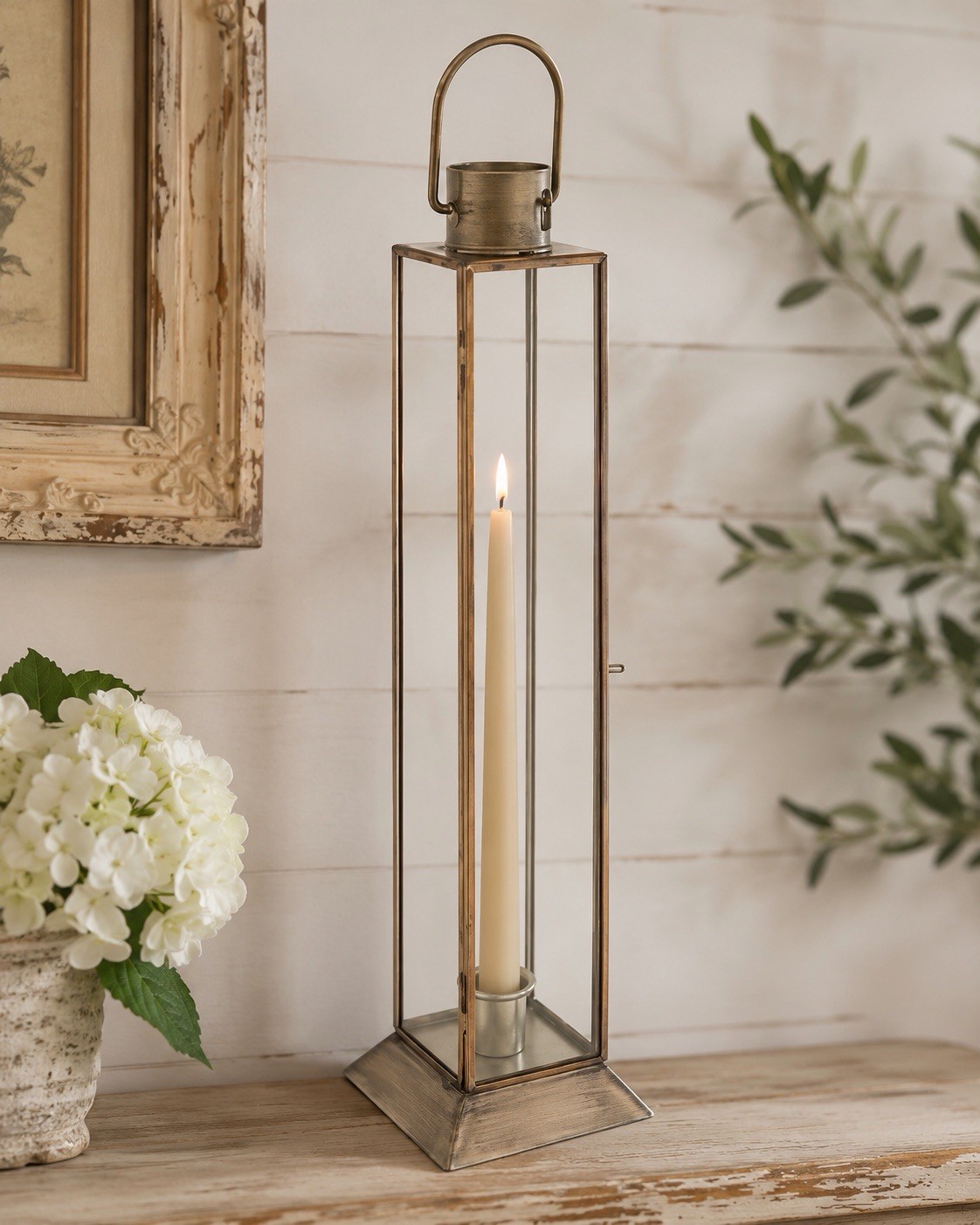 Antique Gold & Glass Tall Taper Candle Holder Antique Style Gold Lantern 16” Antique Gold & Glass Tall Taper Candle Holder Antique Style Gold Lantern 16”