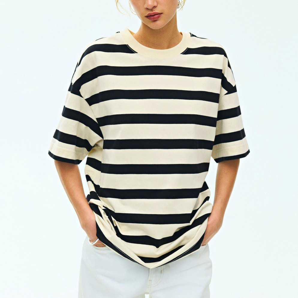 NWT H&M Womens M Oversized Black Cream Striped T-Shirt 100% Cotton NWT H&M Womens M Oversized Black Cream Striped T-Shirt 100% Cotton