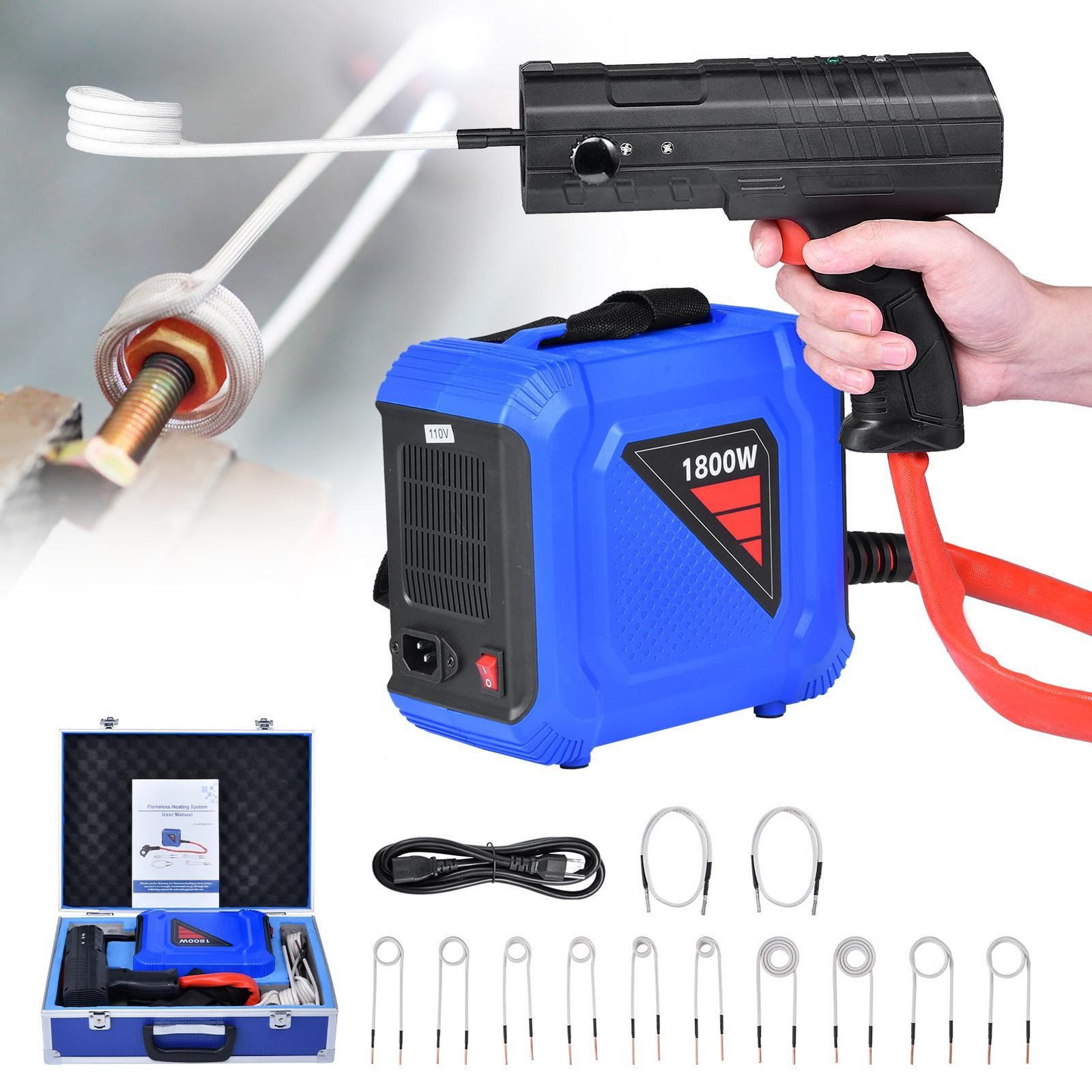 1800W Magnetic Induction Heater kit Automotive Flameless Bolt Heat Tool w/12 Coi