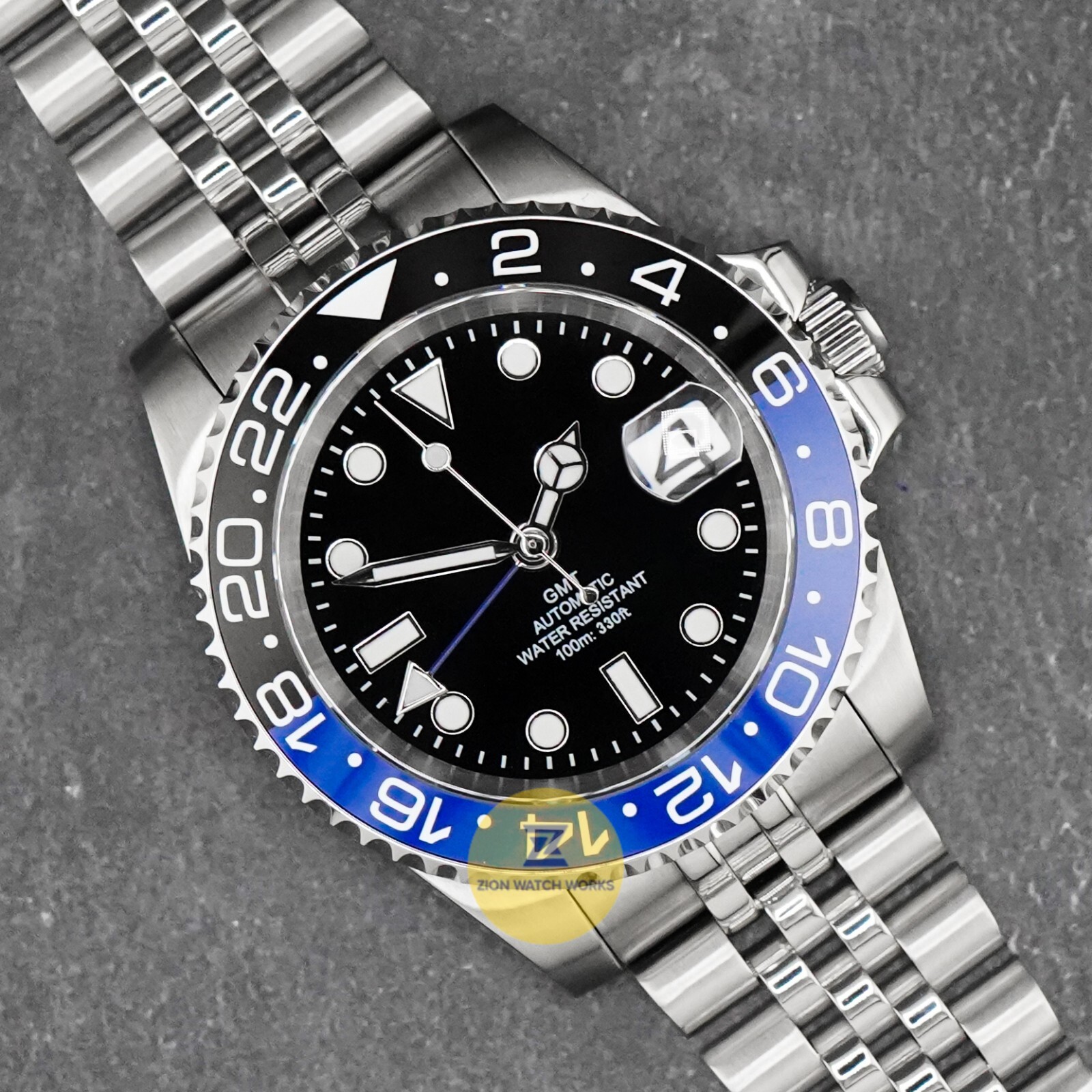 Custom Made 40mm Black & Blue Diver GMT Style Watch Jubilee w/ NH34 Movement