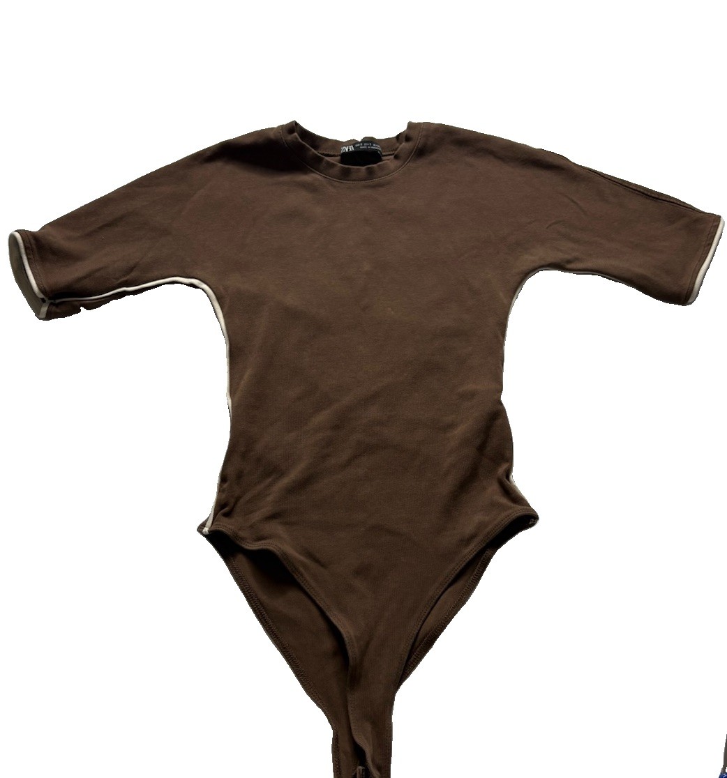 Zara Bodysuit Size Small Brown Contrasting Trim Short Sleeve Zara Bodysuit Size Small Brown Contrasting Trim Short Sleeve