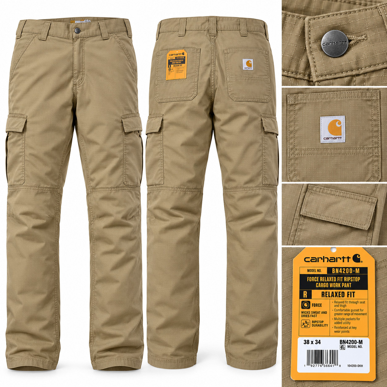 Carhartt Force Men 38x34 Dark Khaki Relaxed Fit Ripstop Cargo Work Stretch Pants