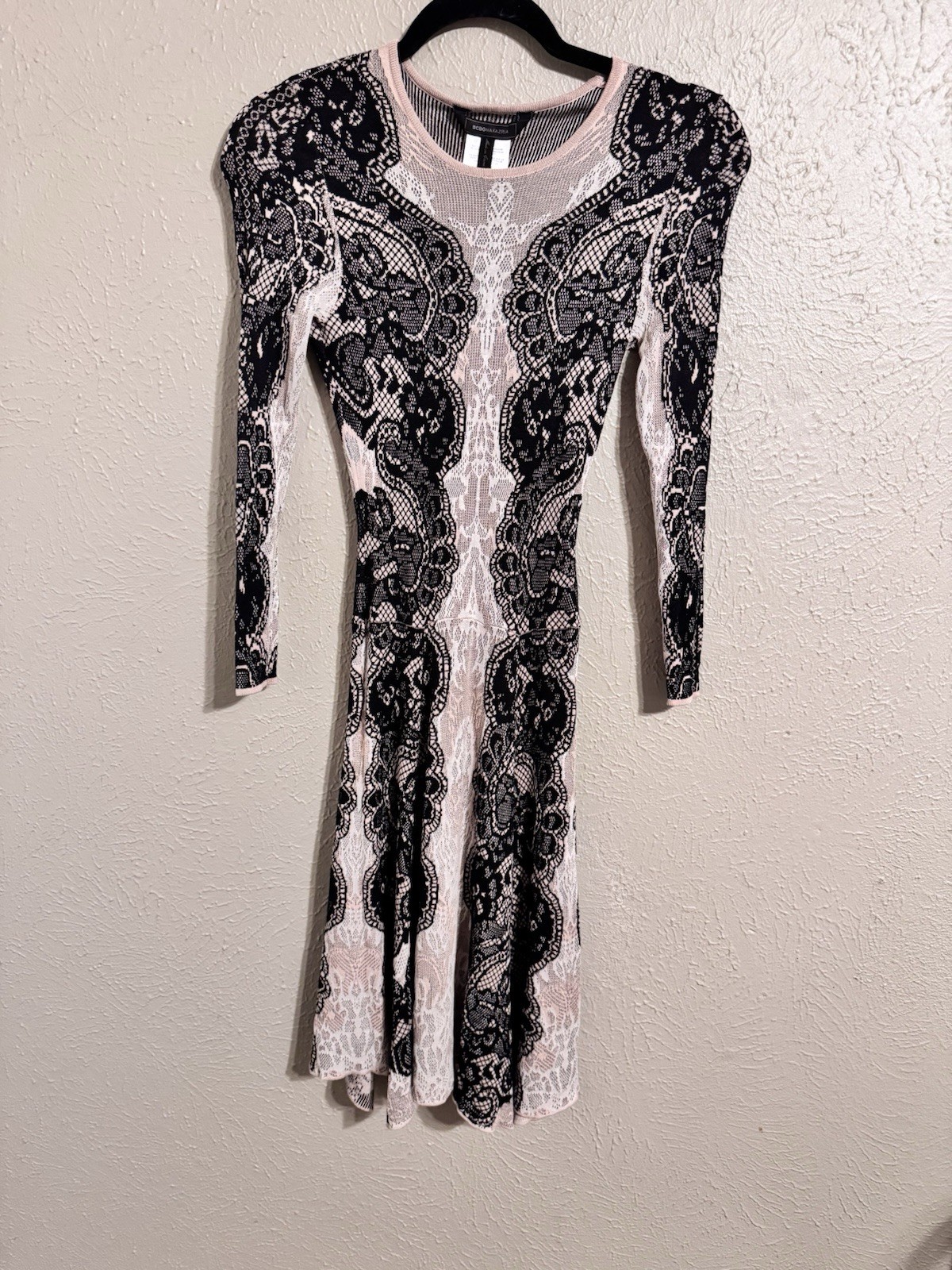 BCBGMAXAZRIA Regan Silk Blend Etched Lace Floral Long Sleeve Midi Sheath Dress BCBGMAXAZRIA Regan Silk Blend Etched Lace Floral Long Sleeve Midi Sheath Dress