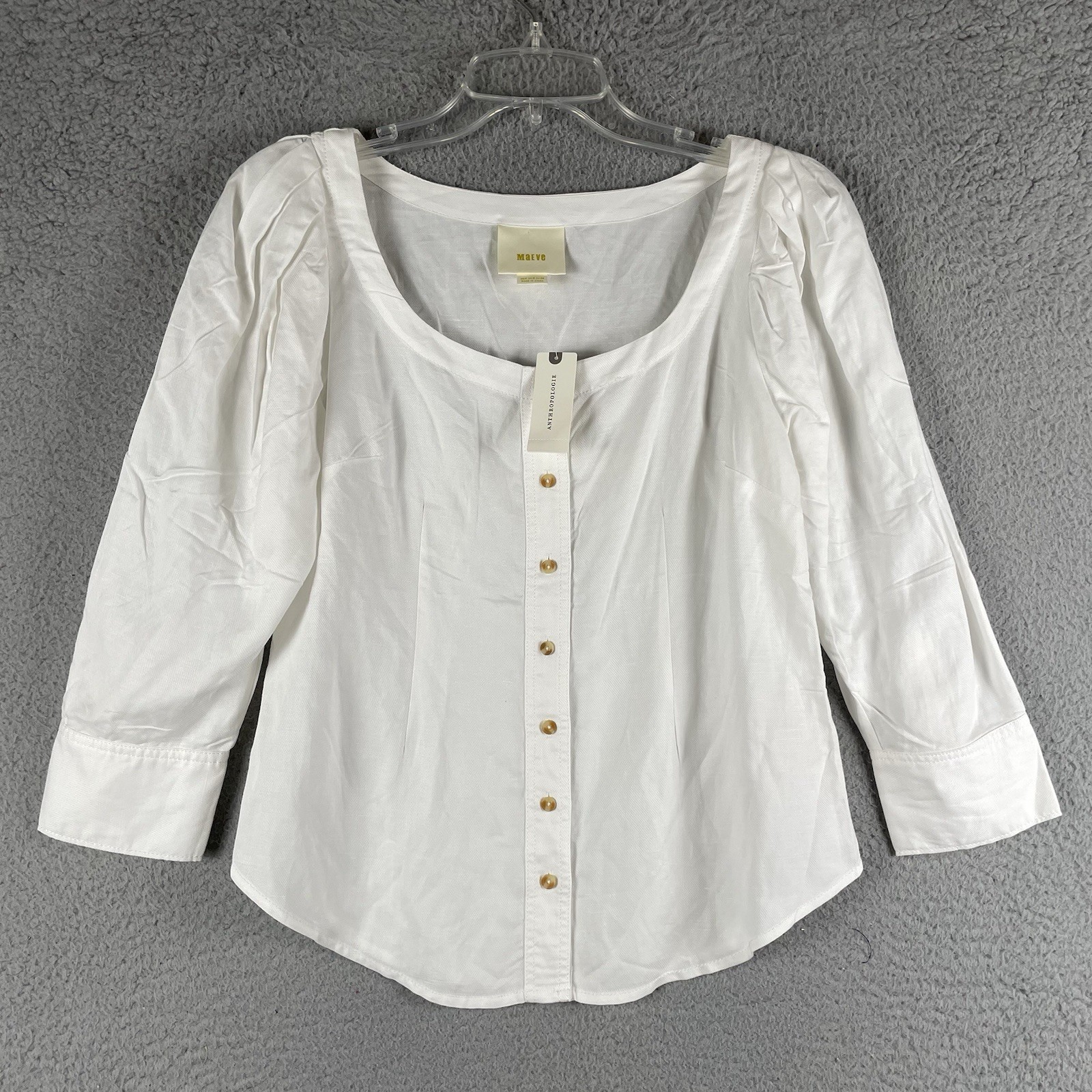 Maeve Anthropologie Solange Top Women 4 Button Up Linen Blend Puff Sleeve Blouse