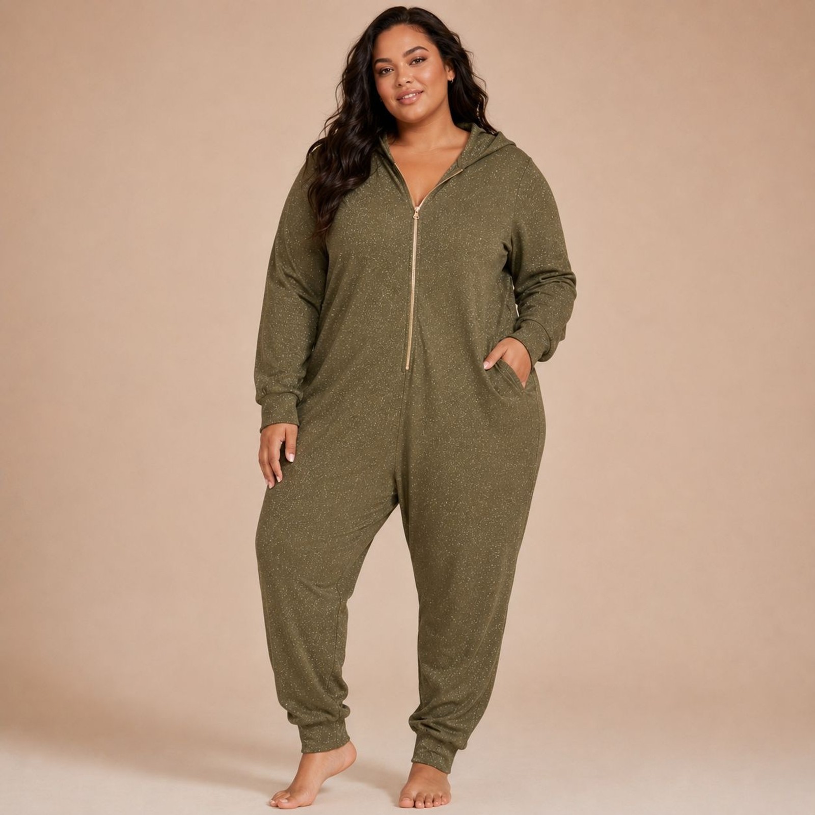 Savage X Fenty Sleep & Shine Hooded One Piece Lurex Jumpsuit 2X Olive Green