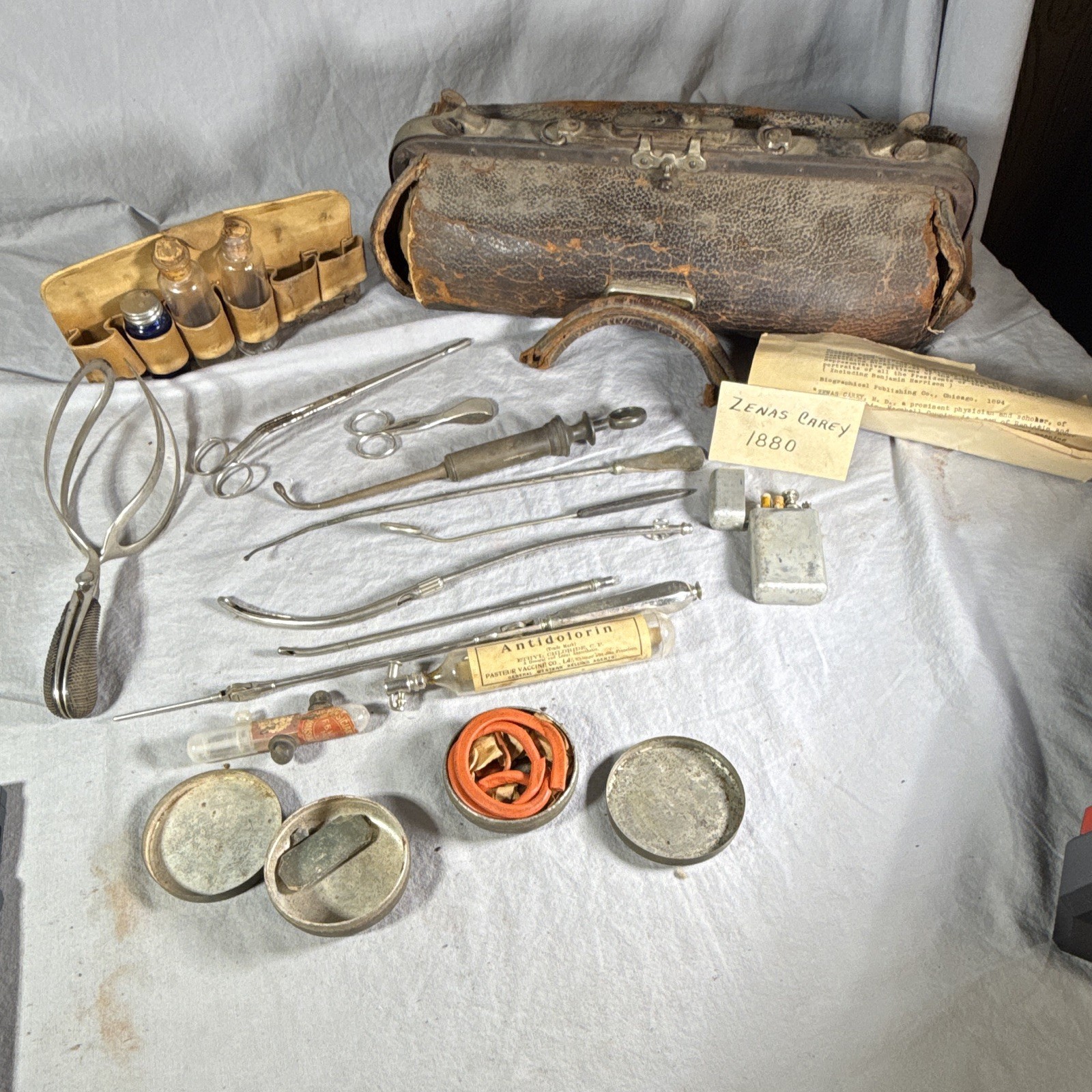 Antique 1880s Doctor Bag Surgical Kit Lot Provenance Shepard Dudley Forceps J&J