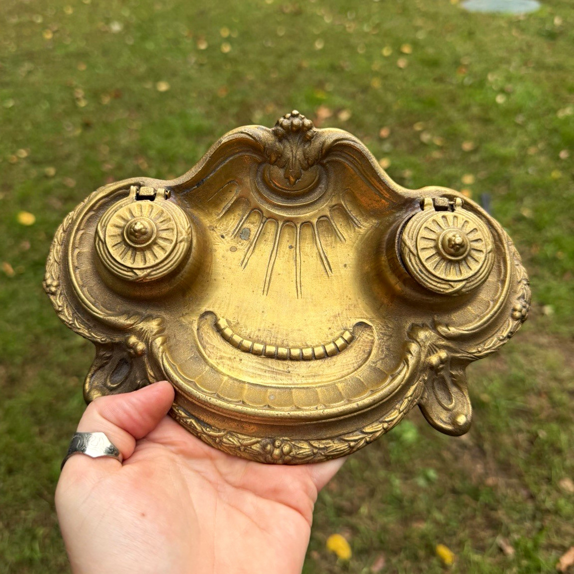 French Art Nouveau Brass Double Inkwell Desk Set