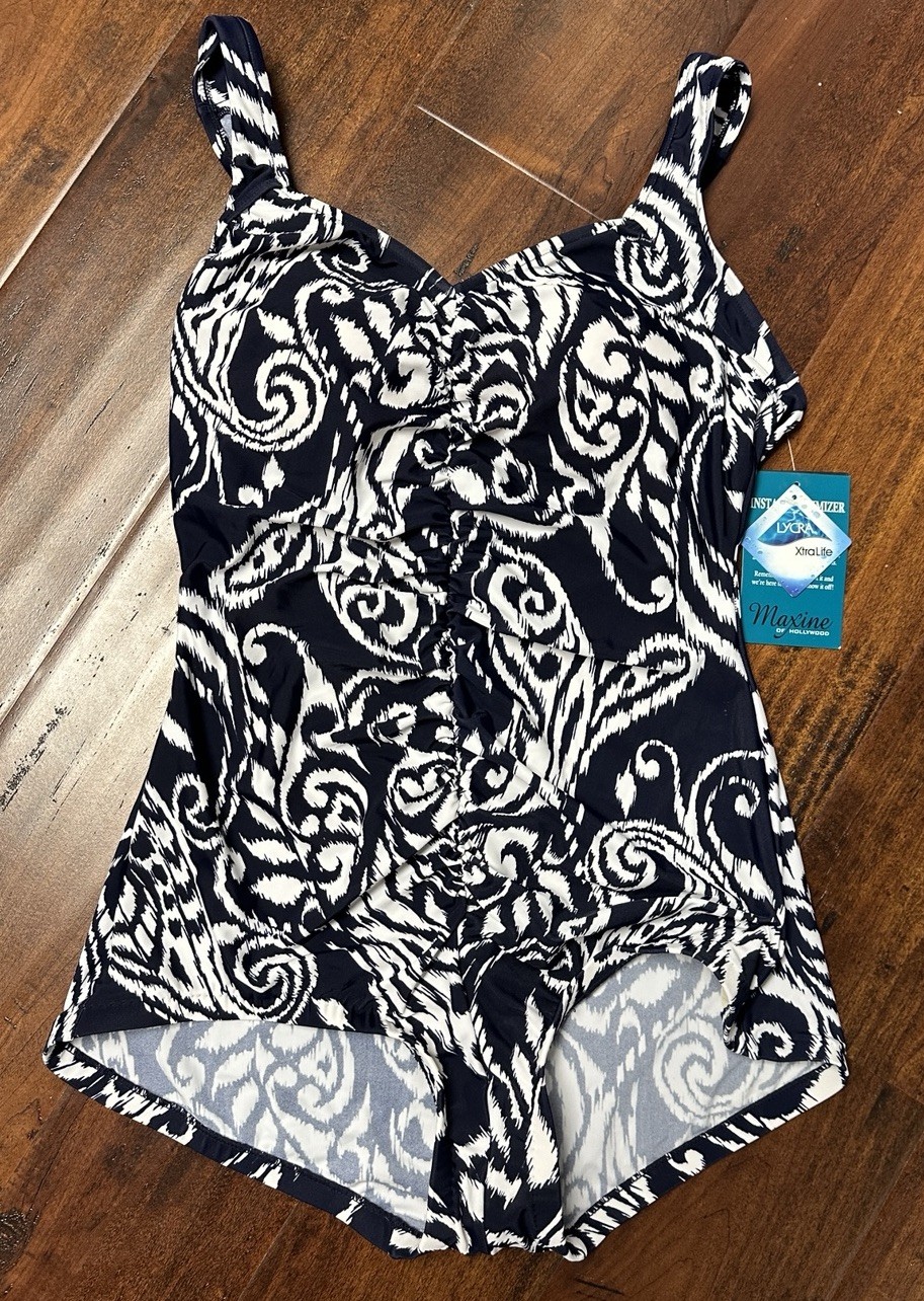 Maxine of Hollywood White And Navy Print Emprire One Piece Swimsuit Size 18 Maxine of Hollywood White And Navy Print Emprire One Piece Swimsuit Size 18