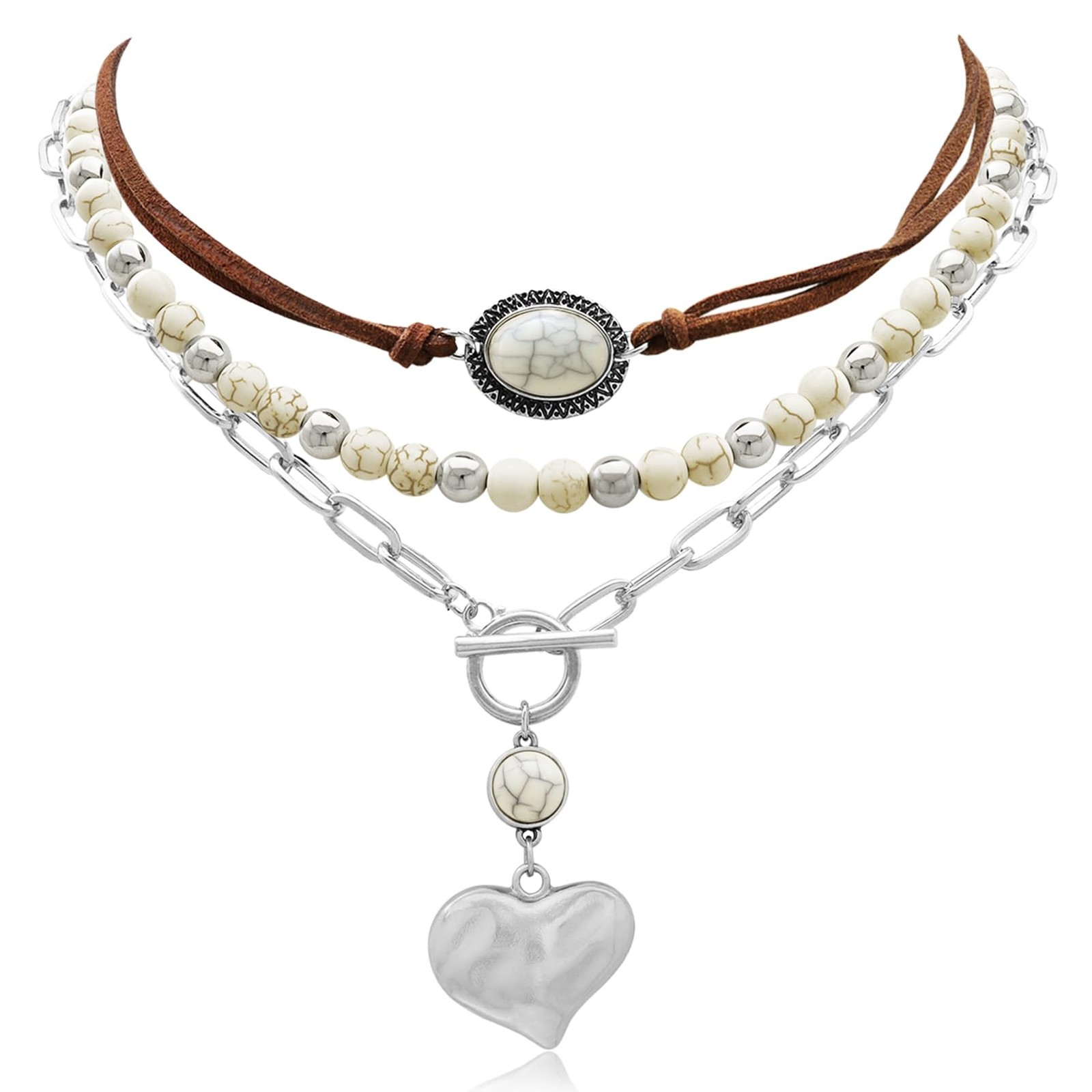 Fscwlmon 3 Pcs Layered Western Cowgirl Necklaces White Vintage Silver Heart Fscwlmon 3 Pcs Layered Western Cowgirl Necklaces White Vintage Silver Heart