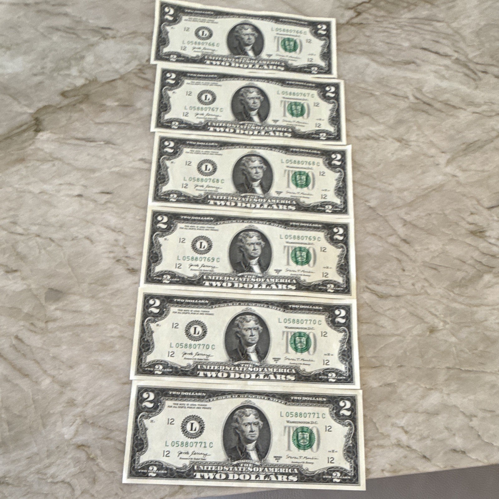 6 Consecutive $2 Federal Reserve Notes Series 2017A L05880766C-71C