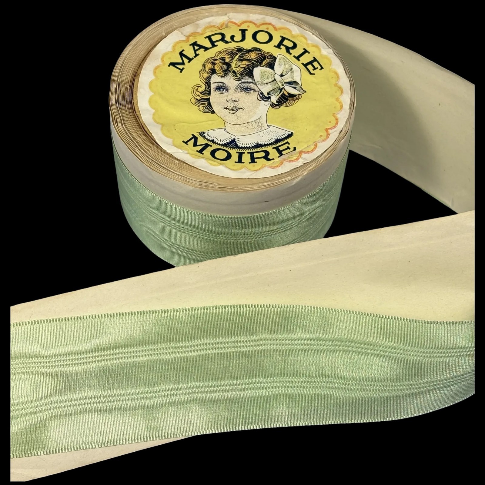 Antique c1910 Roll Marjorie Moire Green Watered Silk Ribbon