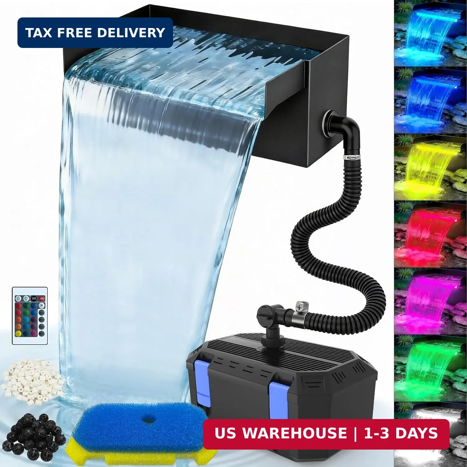 All-in-1 Pond Waterfall Kit with 4-Stage Filtration & Remote LED Light