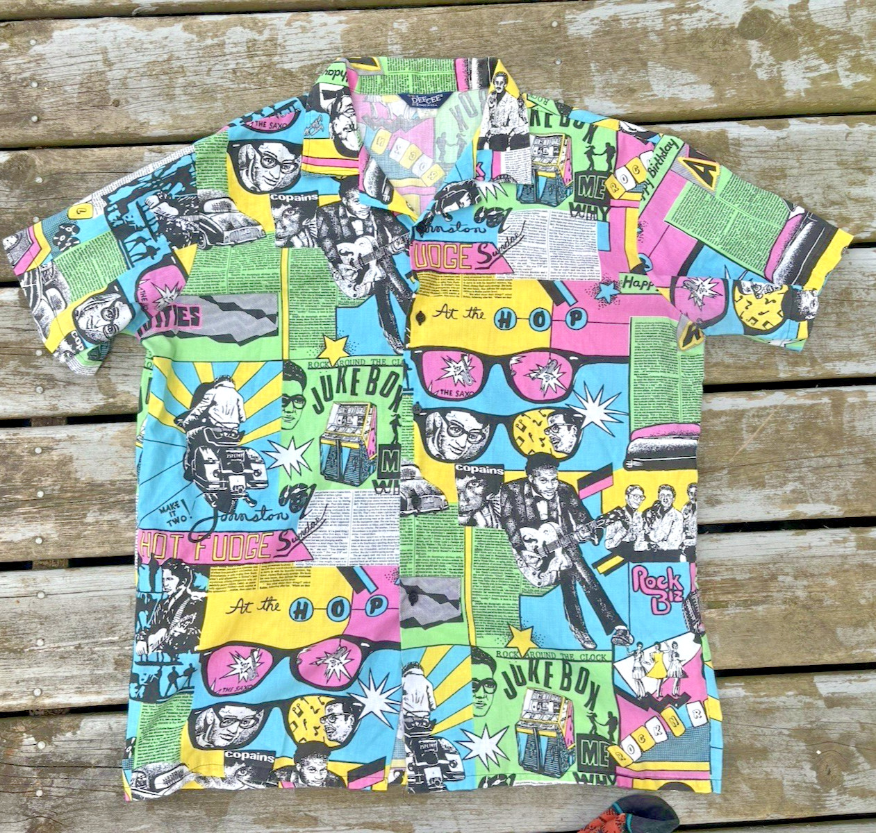 Vintage 70s 80s DEE CEE Pop Style Rock n’ Roll Button Up Print Shirt Large RARE Vintage 70s 80s DEE CEE Pop Style Rock n’ Roll Button Up Print Shirt Large RARE